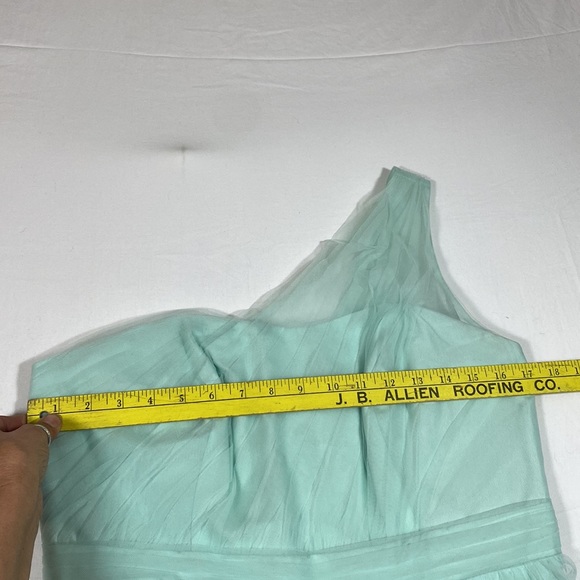 David’s Bridal Dress One Shoulder Fit Flare Dress pleated chest Blue/Green Mini - Picture 9 of 13